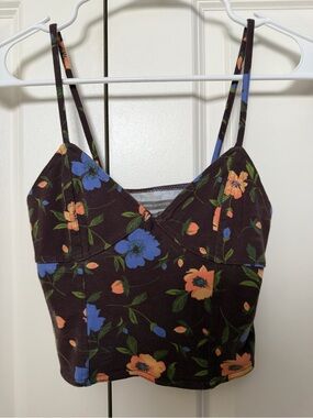 Urban Outfitters Brown Floral Crop Tank with Blue & Orange Blooms